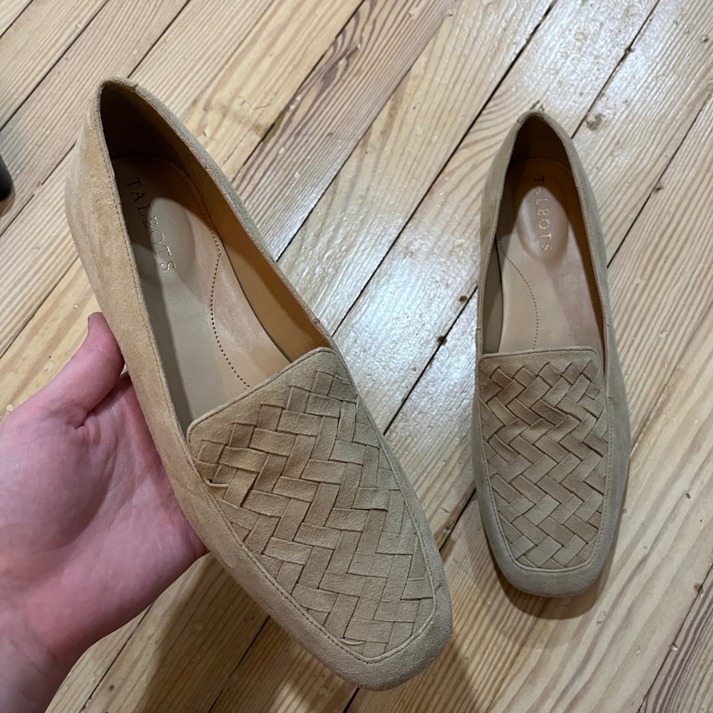 Talbots Woven Suede Loafers Womens 8M Tan Square Toe Slip On Flats preppy
